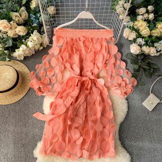 Off-shoulder Dotted A-line Mesh Dress
