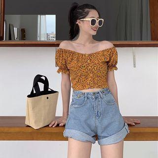 Floral Print Off-shoulder Puff-sleeve Cropped Top