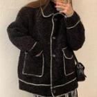 Contrast Trim Single-breasted Fleece Jacket / Two-tone Midi A-line Skirt