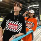 Couple Matching Elbow-sleeve Checker Letter T-shirt