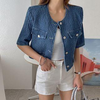 Denim Tweed Crop Jacket Dark Blue - One Size