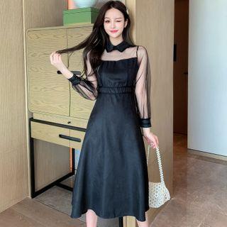Polo Collar Panel Mesh A-line Dress