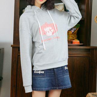 Pompom Detail Print Hooded Long-sleeve Sweater
