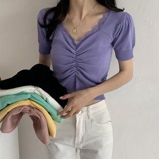 Short-sleeve Lace Panel Shirred Top