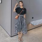 Mock Two-piece Short-sleeve Gingham Check Midi A-line Dress