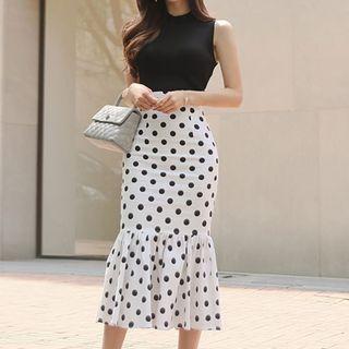 Set: Mock-neck Knitted Tank Top + Dotted Mermaid Pencil Skirt