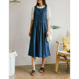 Sleeveless Shirred-waist Long Denim Dress