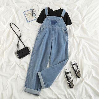 Short-sleeve T-shirt / Heart Embroidered Denim Dungaree