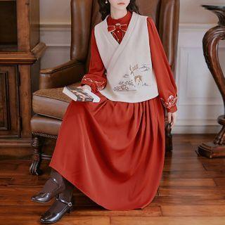 Long-sleeve Midi A-line Dress / Embroidered Vest