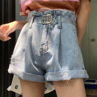 Set: Frill Trim Ripped Wide-leg Denim Shorts + Pvc Belt