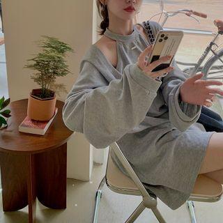 Set: Halter-neck Tank Top + V-neck Sweatshirt Set Of 2 Pcs - Gray - One Size