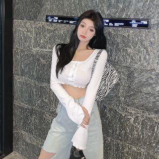 Long-sleeve Cropped Knit Top T-shirt - White - One Size