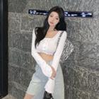Long-sleeve Cropped Knit Top T-shirt - White - One Size