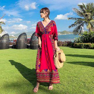 Patterned Elbow-sleeve Maxi Dress