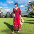 Patterned Elbow-sleeve Maxi Dress