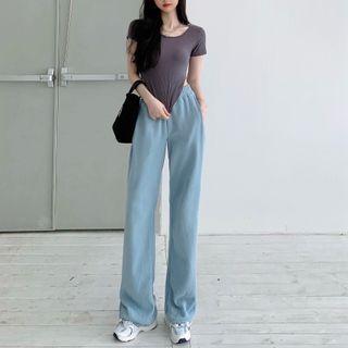 Short-sleeve Plain Slim-fit Top / Plain Straight-leg Pants