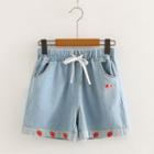 Drawstring-waist Strawberry Embroidered Denim Shorts