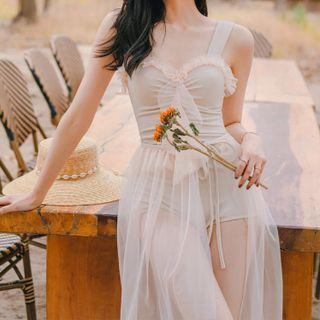 Set: Frill Trim Swimsuit + Coverup Skirt