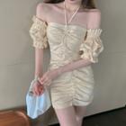 Halter-neck Short-sleeve Shirred Mini Bodycon Dress