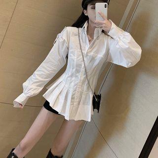 Lantern-sleeve Tie-accent Plain Blouse As Shown In Figure - One Size