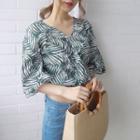 Elbow-sleeve Patterned Cropped Chiffon Top