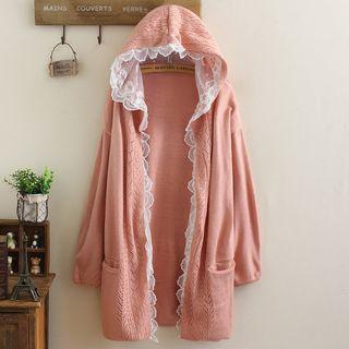 Lace Trim Hooded Knit Cardigan
