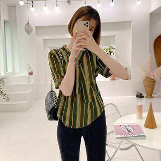 Tie-neck Stripe Shirt Green - One Size