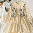 Set: Tie-neckline Peter Pan-collar Midi Dress + Embroidered Button-up Knit Vest
