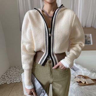 Contrast-trim Knit Zip-up Hoodie