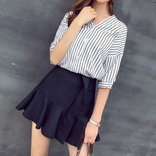 Set: Pinstripe 3/4-sleeve Blouse + Mini Skirt