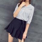 Set: Pinstripe 3/4-sleeve Blouse + Mini Skirt