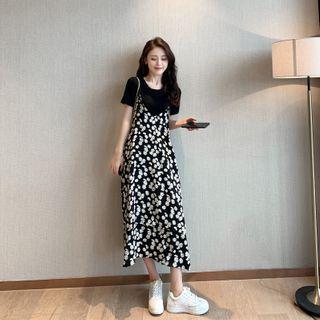 Plain Short-sleeve T-shirt / Floral Strappy Midi A-line Dress