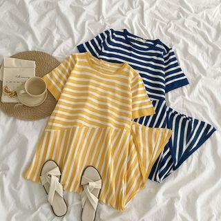 Short-sleeve Striped Asymmetric A-line Dress