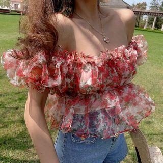 Puff-sleeve Off-shoulder Floral Cropped Blouse Floral - Red & Green & White - One Size