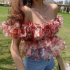 Puff-sleeve Off-shoulder Floral Cropped Blouse Floral - Red & Green & White - One Size