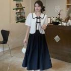 Puff-sleeve Collar Frog-button Blouse / Midi A-line Skirt