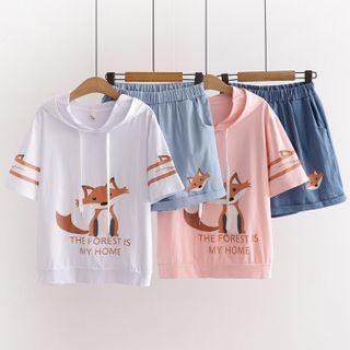 Set: Fox Print Elbow-sleeve Hoodie + Denim Shorts