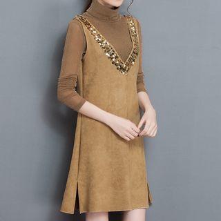 Set: Turtleneck Long Sleeve Top + Sequined Faux Suede Pinafore Dress