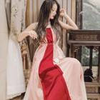 Wide-strap Color Block Midi Chiffon Dress