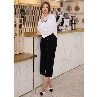 Slit-front Button-front Knit Skirt