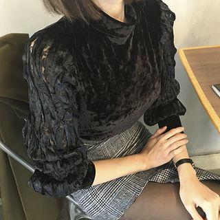Mock-neck Bishop-sleeve Velvet Top