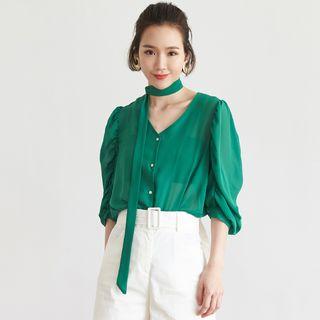 V-neck Lantern-sleeve Chiffon Blouse With Neck Tie