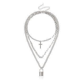 Cross Lock Pendant Layered Alloy Necklace Silver - One Size