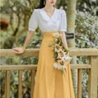 Set: Puff-sleeve Collar Blouse + Midi A-line Skirt