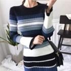 Long-sleeve Striped Knit A-line Dress As Shown In Figure - One Size