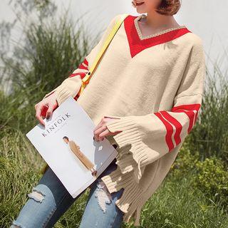 Distressed V-neck Strip Trim Sweater