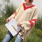 Distressed V-neck Strip Trim Sweater