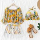 Set: Leaf Print Bikini Top + Swim Skirt + Cover-up Top