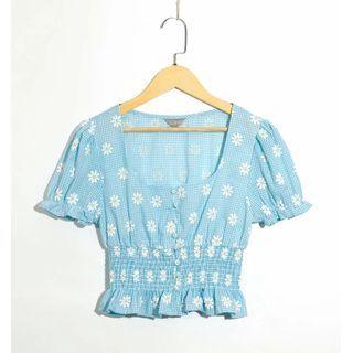 Floral Gingham Square-neck Cropped Blouse