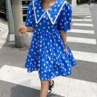 Collared Lace-trim Floral Tiered Dress Blue - One Size